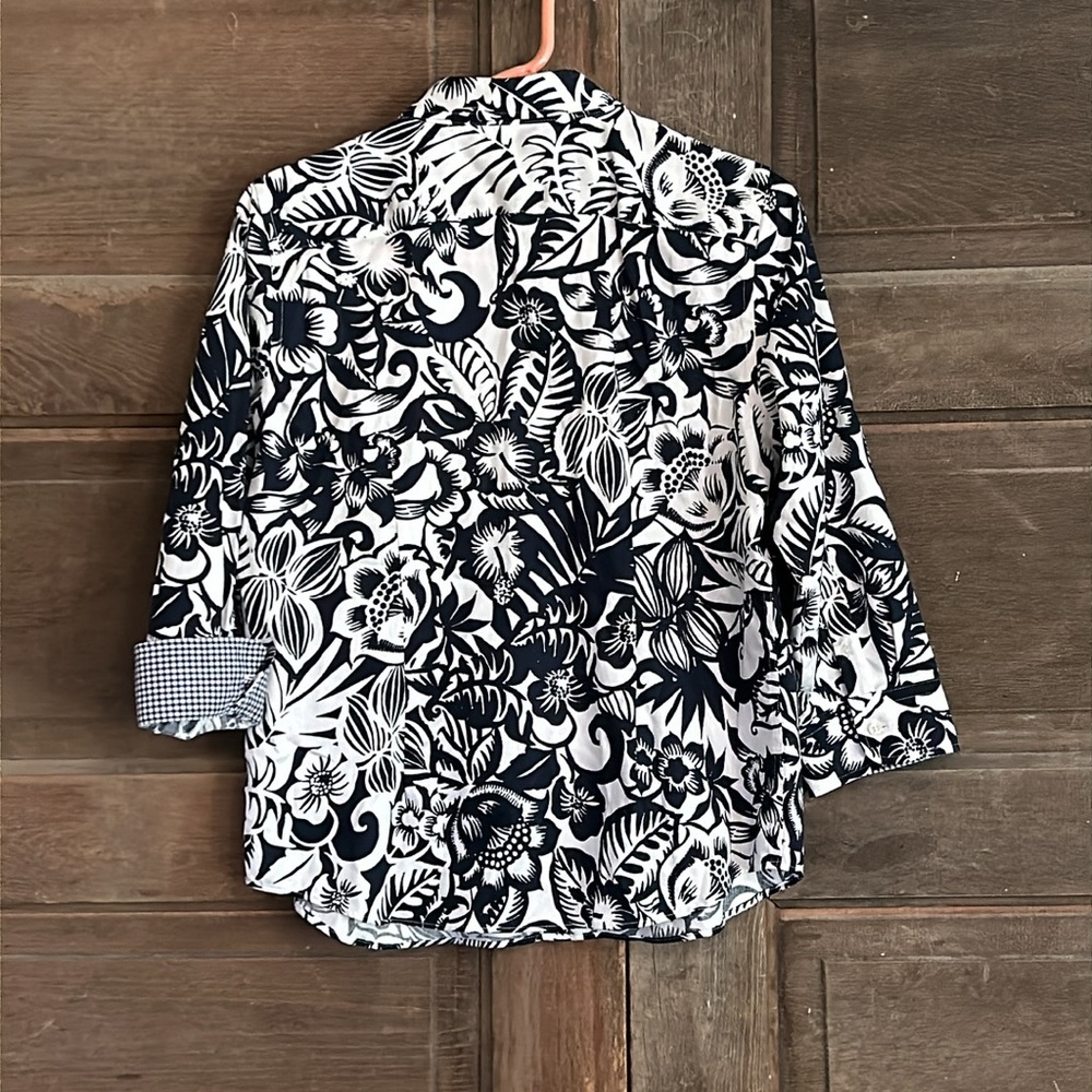 Chaps Womens No Iron Blue White Print Long Sleeve Cotton Blouse Large Floral - Picture 6 of 7